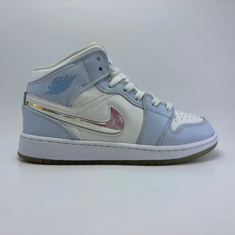 JORDAN 1 Mid SE GS “Glitter Swoosh” Blue Tint Ice Shoes Size Youth Girls 4Y